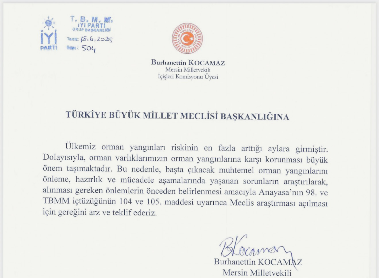 İYİ Parti Grubu  18 Haziran’da önlem için uyardı!